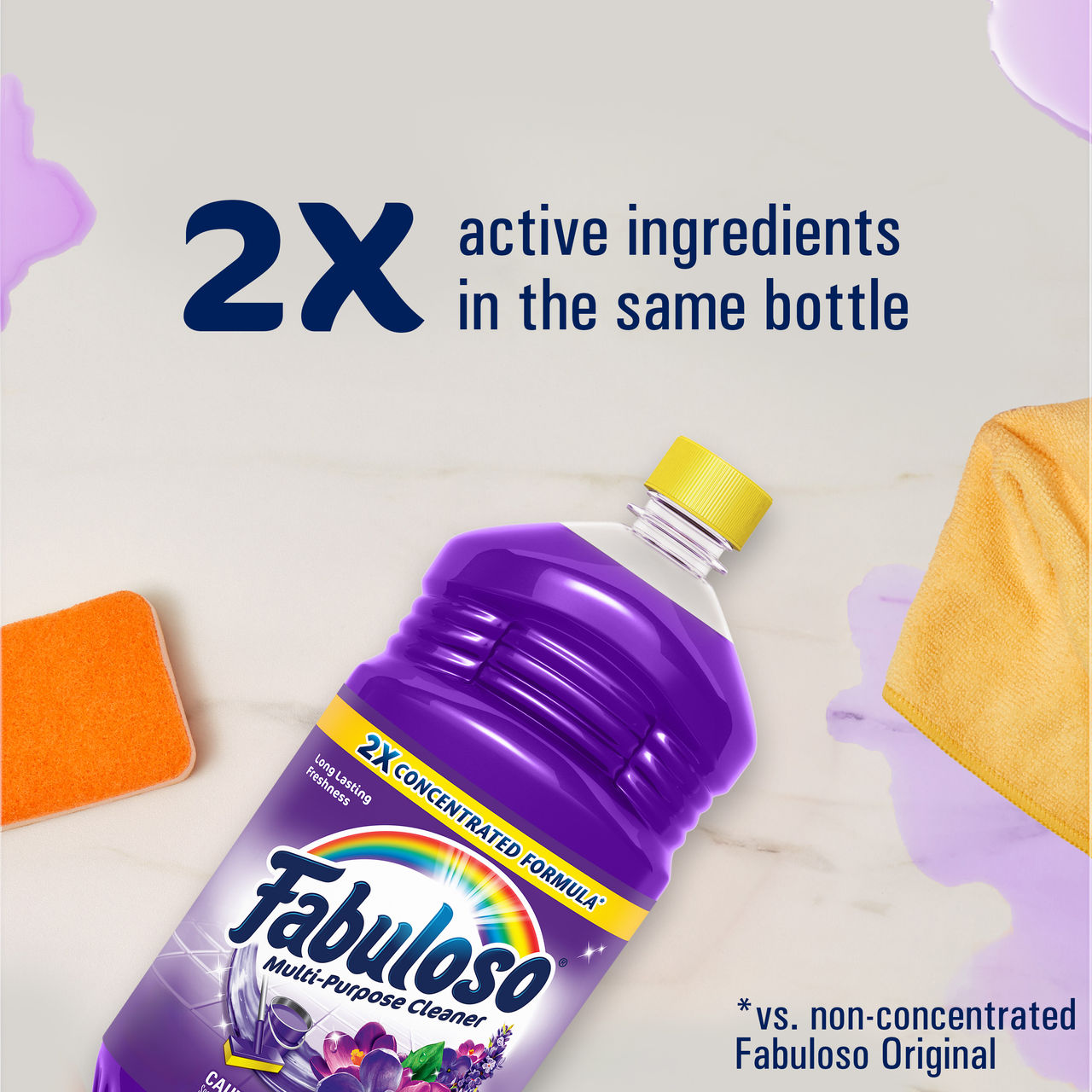 Fabulosos multi-purpose product with slogan: 2 times the active ingredients in the same bottle