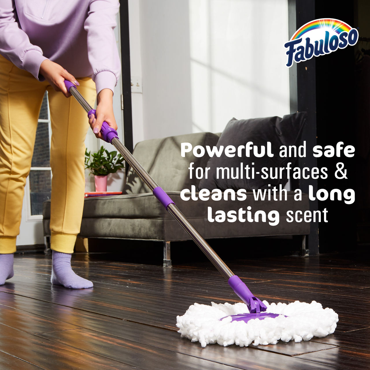 Fabuloso being used with a mop on floor with logo and slogan: Powerful and safe for multi-surfaces & cleas with a long lasting scent