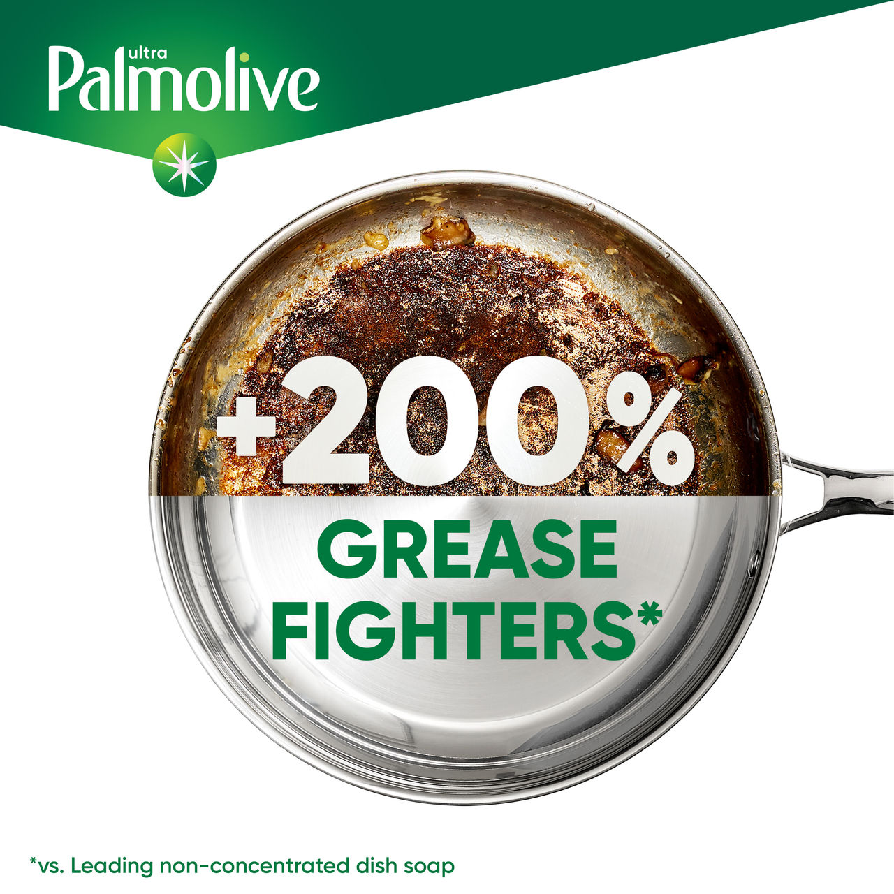 Cooking pan that is half clean with Palmolive branding and text that reads “+200% grease fighters”, symbolizing strong cleaning power.