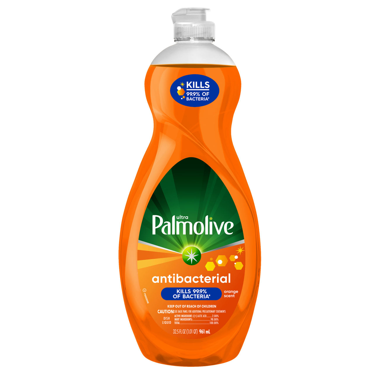 Palmolive Ultra Antibacterial orange dish soap bottle on white background.
