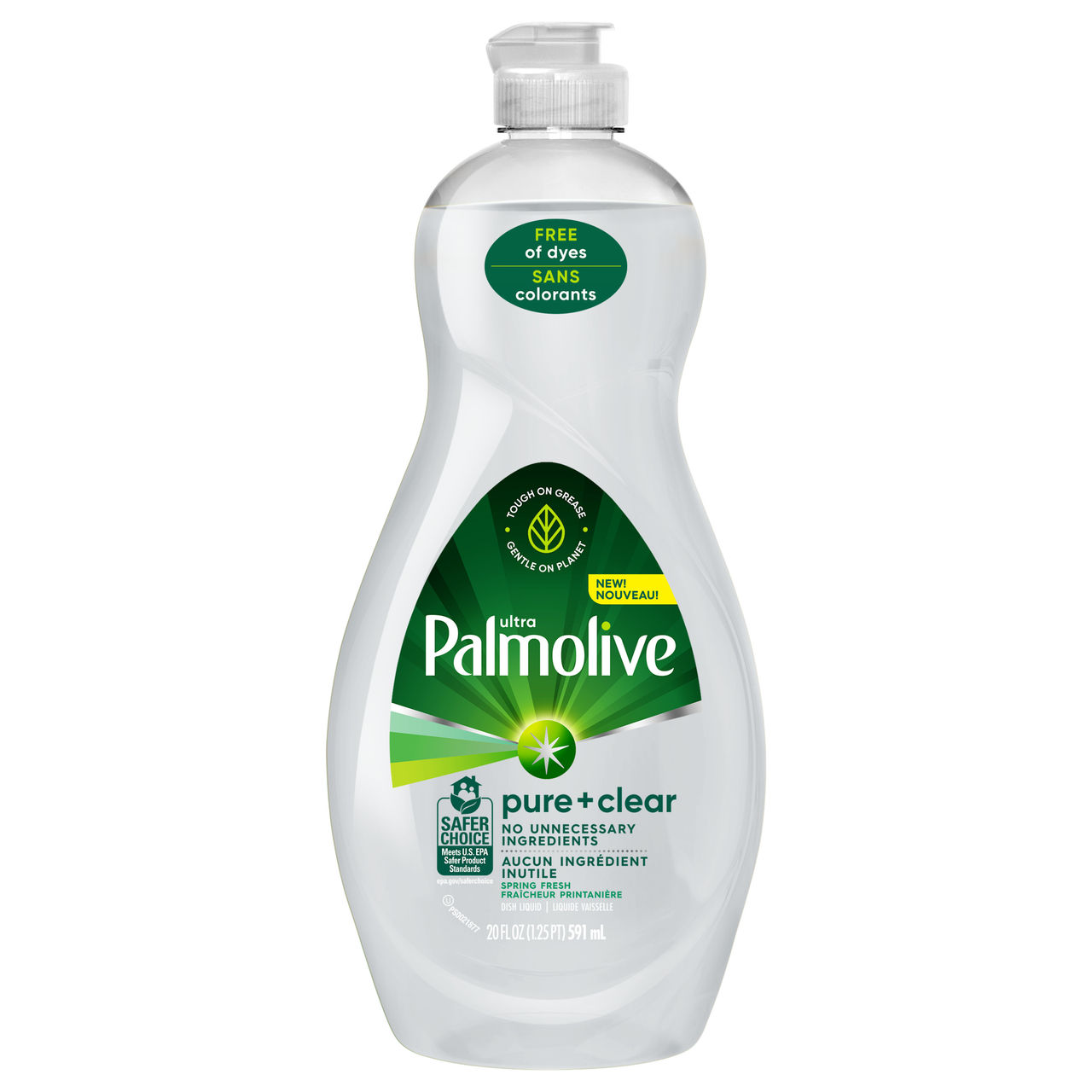 Palmolive Ultra Pure Clear dish soap bottle on white background.