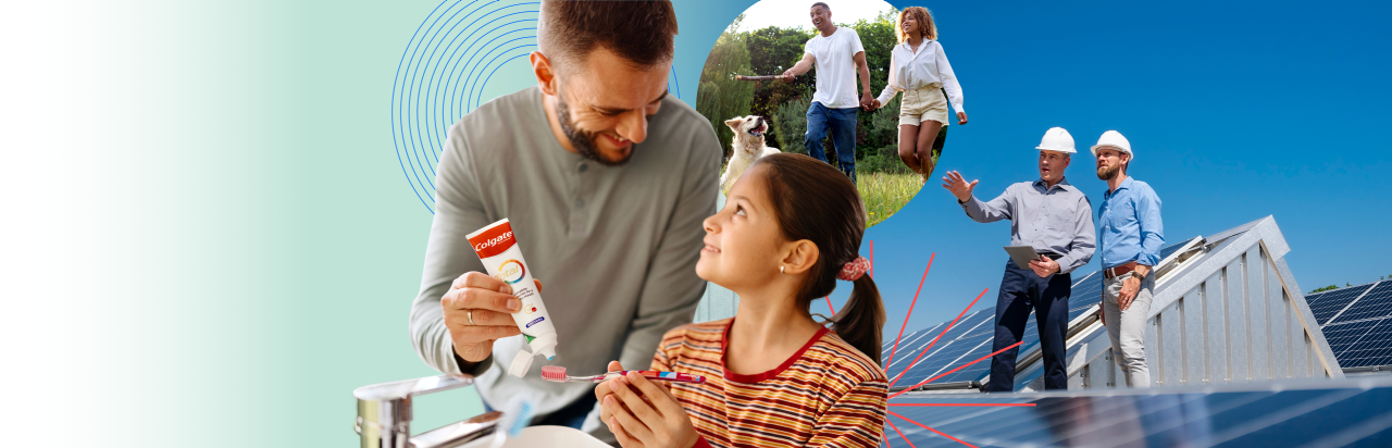 Collage of multiple sustainable efforts done by Colgate-Palmolive as part of Sustainability & Social Impact efforts.